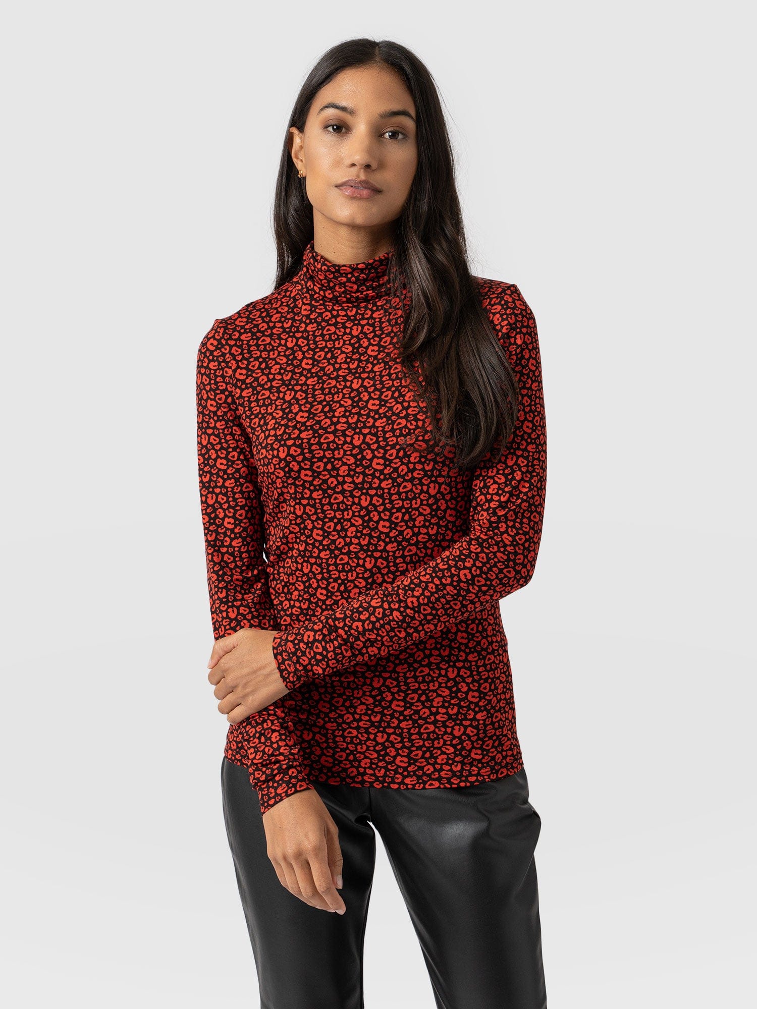 Tempest Roll Neck Top - Red Leopard